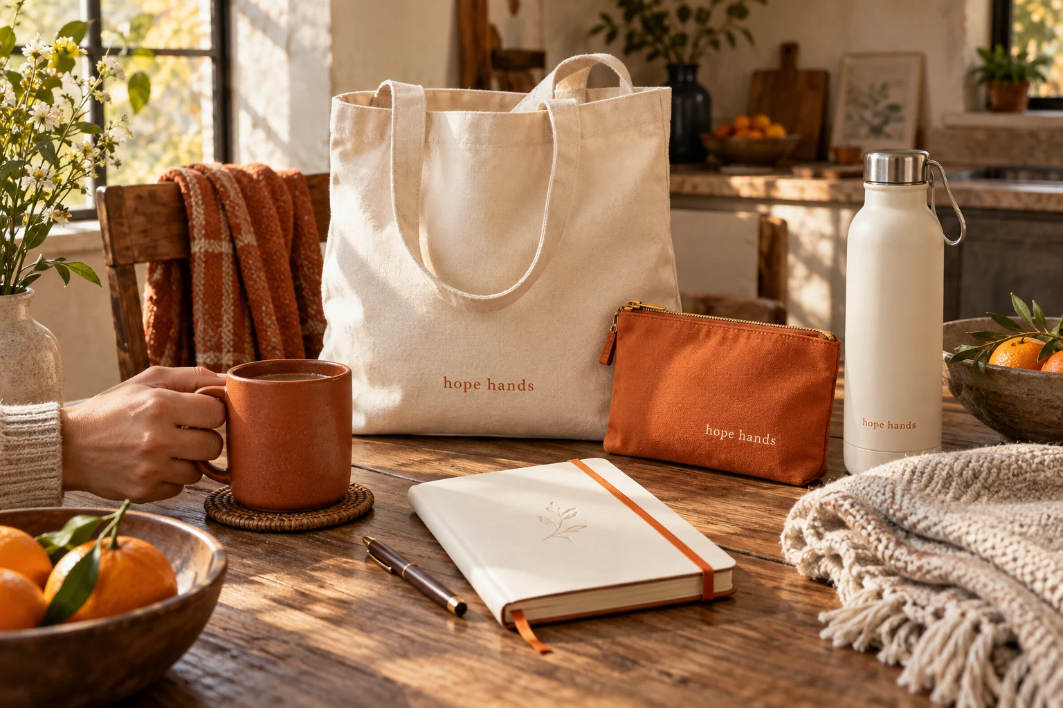 Hope Hands Foundation everyday support collection in a sunlit setting. Illustrative merchandise concept.